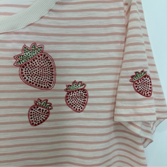 NWT Jane Delancey Rhinestone T-Shirt Women’s XL Pink White Striped Strawberry - Picture 3 of 8